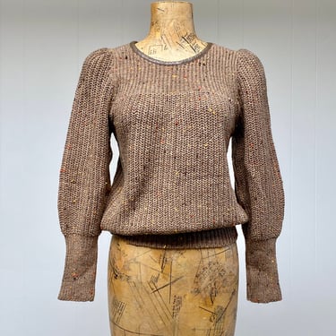 Vintage 1970s Brown Boucle Pullover Sweater, 70s Nubby Puffed Sleeve Knit, Small 34 Inch Bust 