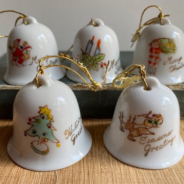 Vintage Christmas Bell Ornaments, Porcelain Bells, Merry Xmas, Holiday Greeting, Made In Japan, Xmas Tree Ornaments House Warming Present 