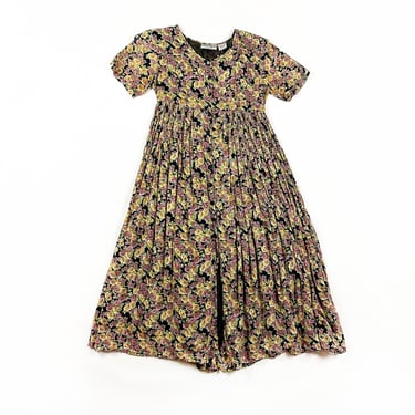 1990s Indian Cotton Floral Babydoll Maxi Dress / Empire Waist / Shirt Dress / Grunge / Ditsy Floral / Micro Floral / M / Clarissa / Prairie 