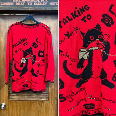 Vintage 1980’s New Wave Cat Kitten Pop Art Phone Call Cartoon Oversized Sweater, Lurex Detail, Rare, 80’s Vintage Clothing 