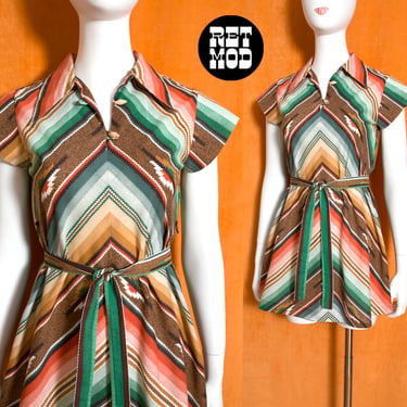 Sweet Vintage 70s Green Brown Southwestern Style Mini Dress 