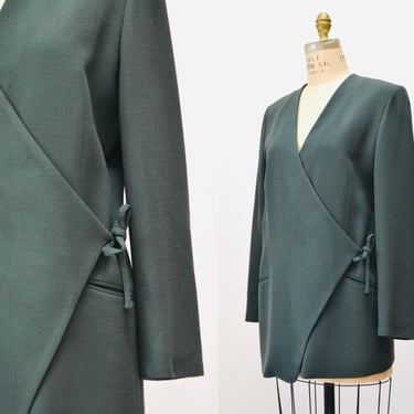 Vintage Green Tie Wool Jacket By Emanuel Ungaro Blazer Medium Large Green Olive Wool Blazer Jacket Medium Large Wrap Style Jacket Blazer 