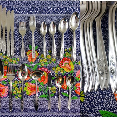 Vintage 61 piece Oneida My Rose silverware set, Community Stainless 60s 70s flatware, salad dinner fork, teaspoon, tablespoon, knife serving 