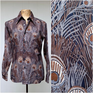 Vintage 1970s Disco Shirt, Long Sleeve Silky Polyester Peacock Feather Print, 70s Dress Shirt, Medium-Large 