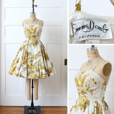 designer vintage 1950s dress • Emma Domb white & gold roses and hydrangea floral full skirt dress 