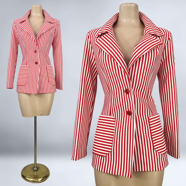 VINTAGE 70s Red & White Striped Tailored Jacket by Jack Winter | 1970s Ringmaster Butterfly Collar Suit Jacket Circuscore | VFG 