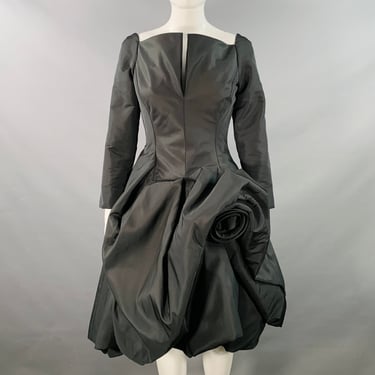 OSCAR DE LA RENTA 2022 Size 6 Black Taffeta Long Sleeve Midi Cocktail Dress