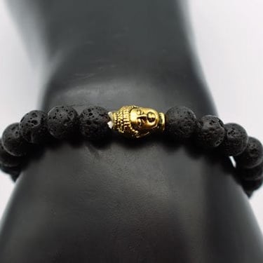 Vintage Buddha head lava beads stretch bracelet, volcanic stone meditation bracelet 