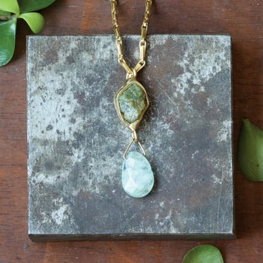 Calm Waters Pendant - Brass, Aquamarine + Green Garnet