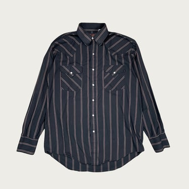 (M) Black Striped Pearl Snap Button Up Shirt