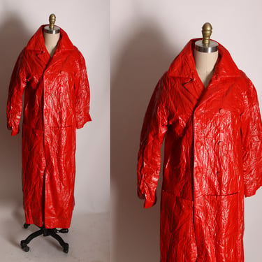 1960s Red Vinyl Crinkly Textured Long Sleeve Button Up Coat -M 