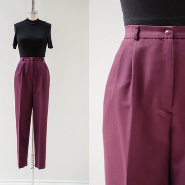 high waisted pants | 80s 90s vintage dark plum purple burgundy wool pleated trousers 