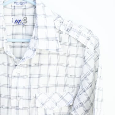 Vintage 70's Button Down Short Sleeved Plaid Shirt - Epaulets - White with Blue 