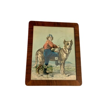 A Boy and His Dog Antique Framed Lithograph 