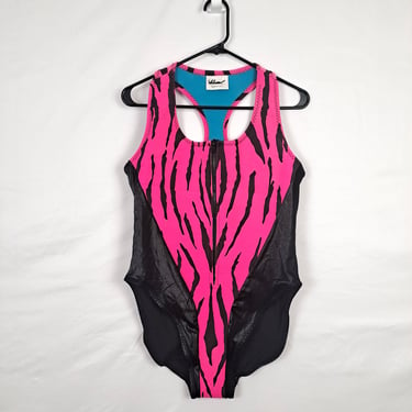 Vintage 80s / 90s Neon Pink & Black Zebra Stripe Swimsuit, Size Large / Extra large 