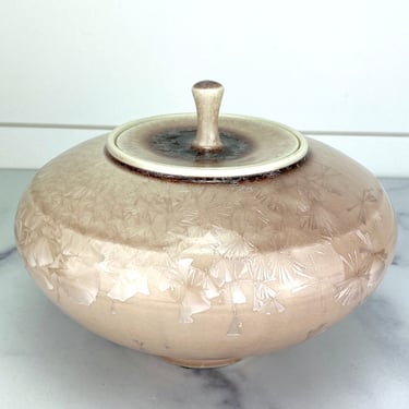 Vintage Studio Art Pottery Lidded Jar Bowl Vessel Urn Crystalline Glaze Pink Signed 