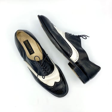 Vintage Black and White Spectator Shoes, Two-tone Wingtip Oxfords, Italian Leather Lace Up Shoes, Great Gatsby Style, Men's Size 10 1/2 USA 