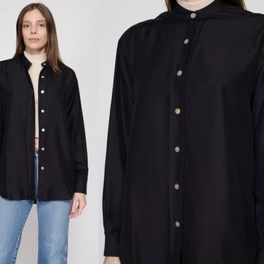 Small 90s Black Silk Collarless Blouse | Vintage Minimalist Long Sleeve Abalone Button Up Shirt 