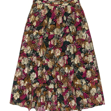 Ba&amp;sh - Black &amp; Multicolor Metallic Floral Print Tiered Midi Skirt Sz S