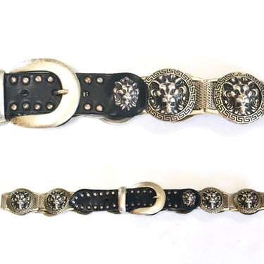 90s Vintage Silver Black Leather Lion Belt Metal Metallic Lion Head Rockstar Belt Lion Belt Buckle Wedding Belt Medium Large 30-33" 