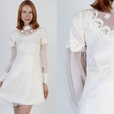 Classic Cream Sheer Poet Sleeve Mini Dress, Vintage 60s Bridal Party Frock, Mod Bridesmaids Short Dress 