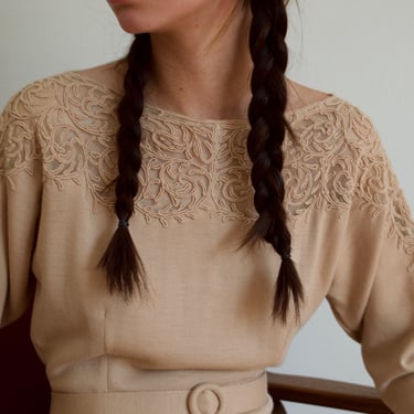 60s wool knit beige wiggle dress with soutache and net neckline 