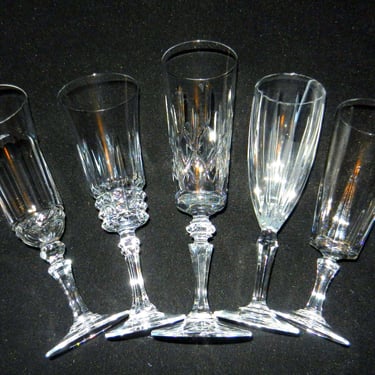 Crystal Set of 5 Mixed Stemware Assorted Patterns Champagne Glasses~ Tall Pedestal Mismatched Vintage Fancy Cocktail Barware glass set 