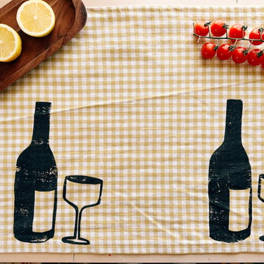 hand block printed table runner. wine on mustard gingham. boho decor. linen tablecloth. birthday or dinner party decor. 