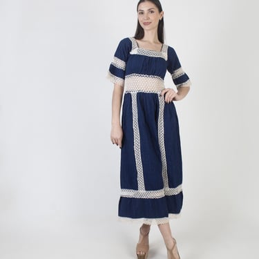 Blue Mexican Crochet Dress, Ethnic Bell Sleeves, Pintuck Cotton Fiesta Maxi 