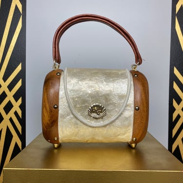 1950s handbag, capiz shell, wood purse, mrs maisel style, top handle, vintage purse, shell purse, hard body, box purse, mad men, rockabilly 