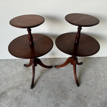 Vintage Mahogany 2-Tier Dumbwaiter Tables With Brass Claw Feet 