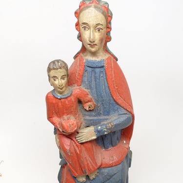 Antique Early 1900's Mother Mary Holding Baby Jesus Santos, Hand Carved Hand Painted Our Lady Saint Statue, Religious  Church Folk Art 