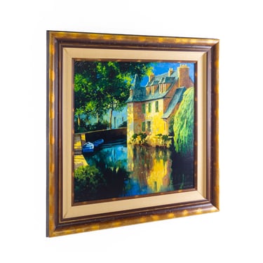 Framed Oil on Canvas House and boat painting 