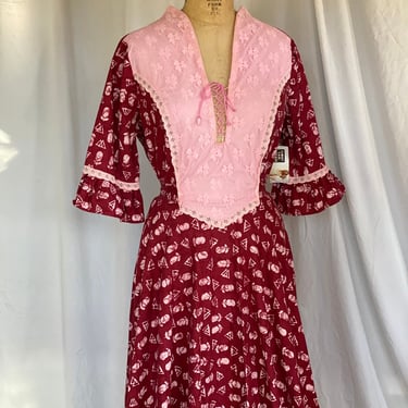 Vintage 70s Boho Dress / Seventies Casual Wear / Cotton Bell Sleeves Dress / Batik Block Print Maxi Dress / Seventies Boho Dress 