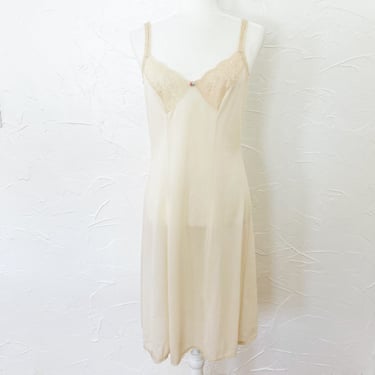 70s Cream/Beige Floral Lace Full Length Slip Dress with Pink Rose | Medium 