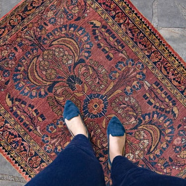 Antique 3’8” x 4’8” Floral Botanical Burnt Umber Navy Hand-Knotted Wool Pile Small Accent Rug 1920s - FREE DOMESTIC SHIPPING 