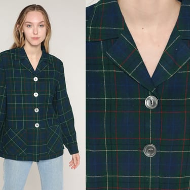 Blue Plaid Jacket Y2k Green Pendleton Wool Button Up Blazer Retro Checkered Print Collared Coat Basic Fall Collar Vintage 00s Small S 
