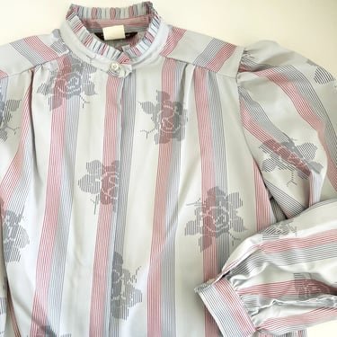 Vintage 90s Striped Rose Floral Button Down Long Sleeve Silky Blouse 