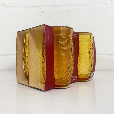 Vintage Amber Glasses Set of 4 Yellow Deadstock NOS Crinkle Mid-Century Barware Cocktail Dinner Party Brazil Line Wheaton 1960s 