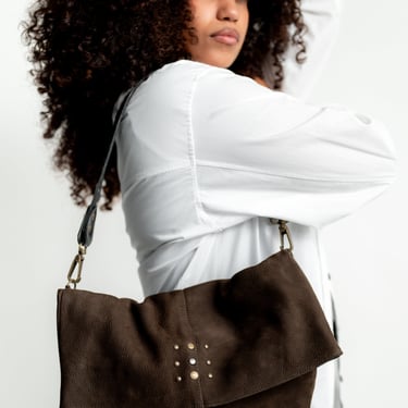 Brown Nubuck Leather Foldover Studded Spritz Bag