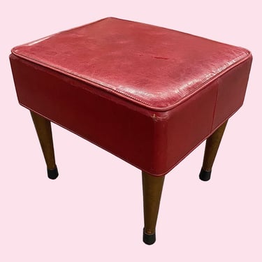Vintage Ottoman Retro 1960s Mid Century Modern + Red + Vinyl + Rectangular + Brown Wood Legs + Footrest + MCM Furniture + Extra Seating 