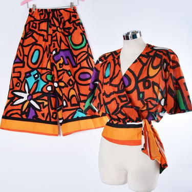 1980's RARE Palazzo Pants & Blouse Keith Haring style Bold Orange Art Print Vintage Suit Set 