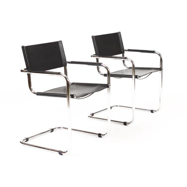 Vintage Mid Century Tubular Chrome Bauhaus Mart Stam Cantilever Chair— Black Leather — Pair 