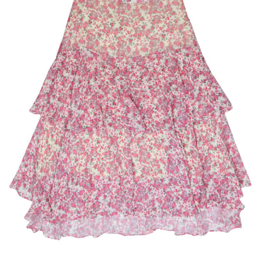 LoveShackFancy - Cream Tiered Midi Skirt w/ Pink Floral Print Sz M