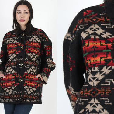 Southwestern Wool Blanket Jacket, Tribal Indian Print, Horn Toggle Buttons, Native American Barn Coat, Vintage Mens Womens Unisex Jacket 