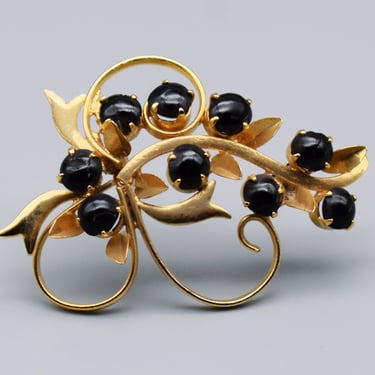 80's black sapphire gold filled metal fruit on the vine brooch, elegant NOS ribbons & leaves cluster pin 