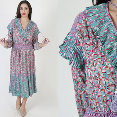 Purple Abstract Diane Freis Floral Tassel Tie Georgette Dress 