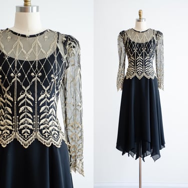 black midi dress 80s 90s vintage Cachet gold embroidered lace dress 