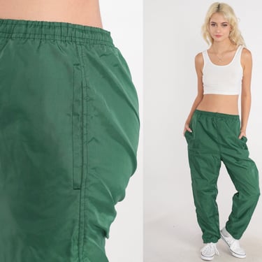 Green Track Pants 80s Jogging Pants Nylon Gym Running Track Suit 1980s Drawstring Waist Sports Vintage Retro Streetwear Joggers Thin Small S 