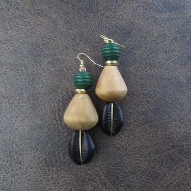 Cowrie shell earrings, black and green earrings 2 